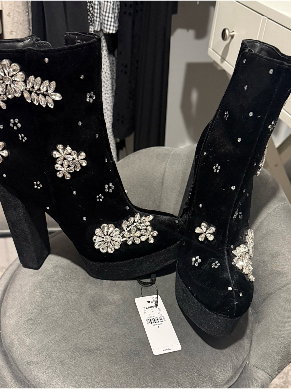 Express Black Velvet Crystal Embellished Platform Ankle Boots